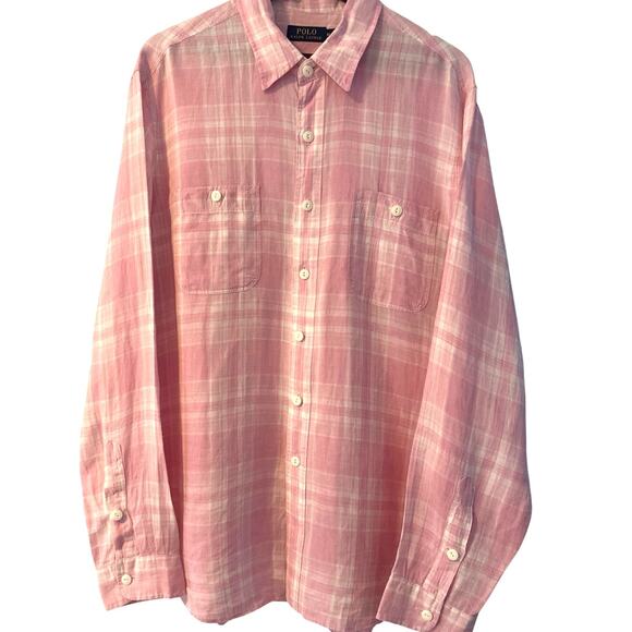 Polo Ralph Lauren Mens Shirt XL Pink White Plaid Linen Button Down Spring Beach - Picture 1 of 7